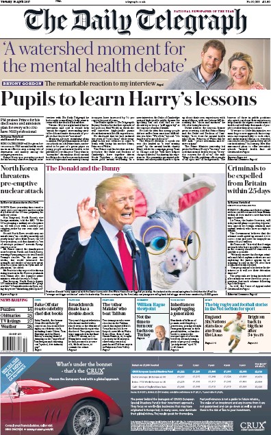 The Daily Telegraph Newspaper Front Page (UK) for 18 April 2017