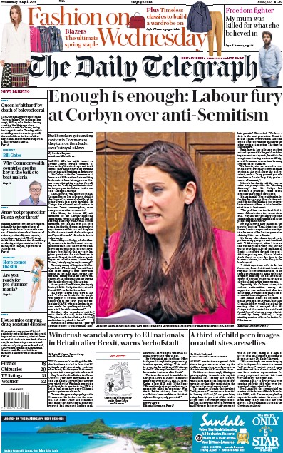 The Daily Telegraph Newspaper Front Page (UK) for 18 April 2018