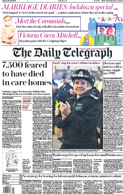 The Daily Telegraph Newspaper Front Page (UK) for 18 April 2020