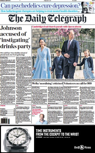The Daily Telegraph Newspaper Front Page (UK) for 18 April 2022