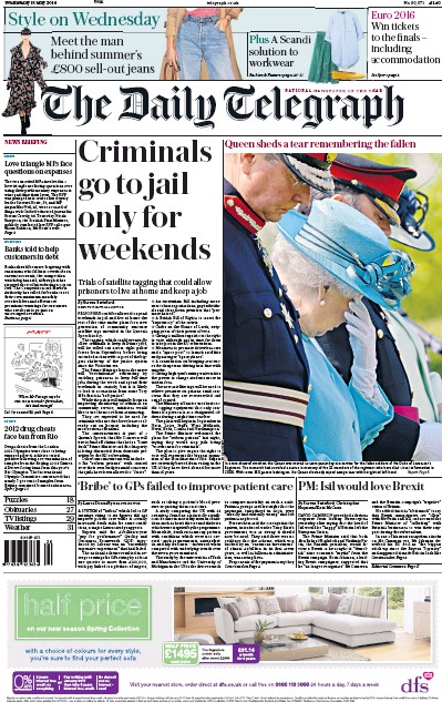 The Daily Telegraph Newspaper Front Page (UK) for 18 May 2016