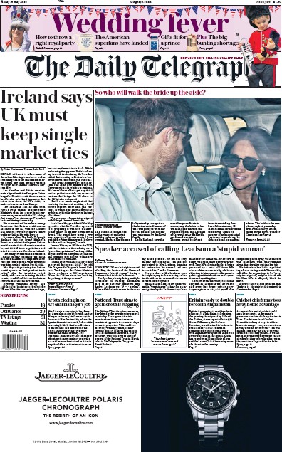 The Daily Telegraph Newspaper Front Page (UK) for 18 May 2018