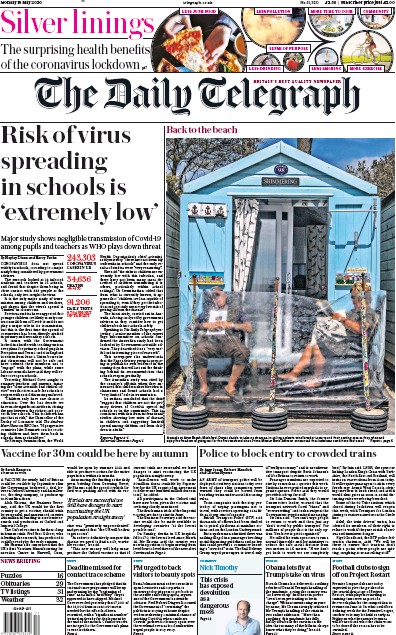 The Daily Telegraph Newspaper Front Page (UK) for 18 May 2020