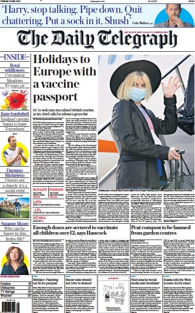 The Daily Telegraph Newspaper Front Page (UK) for 18 May 2021
