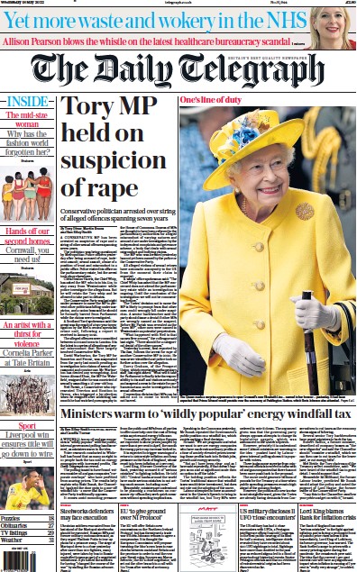 The Daily Telegraph Newspaper Front Page (UK) for 18 May 2022