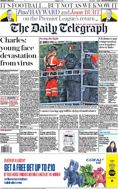 The Daily Telegraph Newspaper Front Page (UK) for 18 June 2020