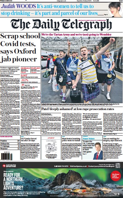 The Daily Telegraph Newspaper Front Page (UK) for 18 June 2021