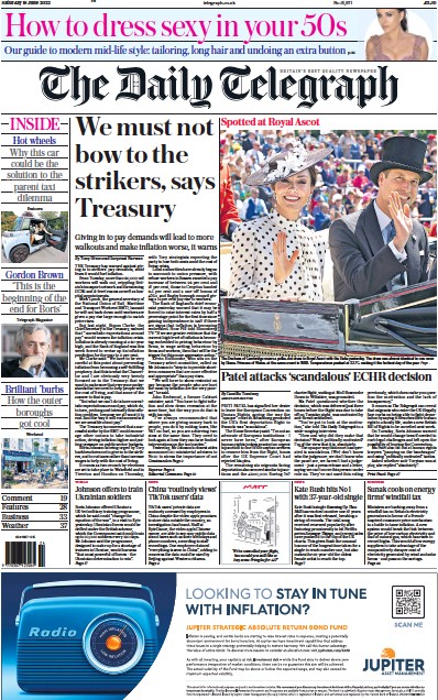 The Daily Telegraph Newspaper Front Page (UK) for 18 June 2022