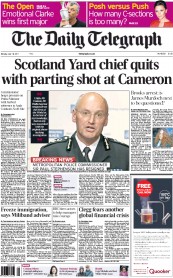 The Daily Telegraph Newspaper Front Page (UK) for 18 July 2011