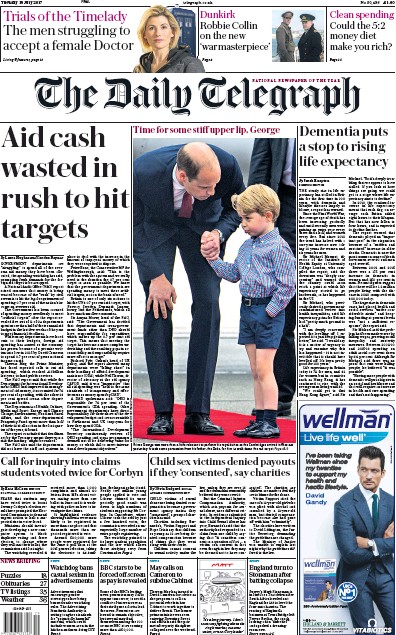 The Daily Telegraph Newspaper Front Page (UK) for 18 July 2017