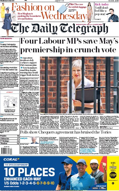 The Daily Telegraph Newspaper Front Page (UK) for 18 July 2018