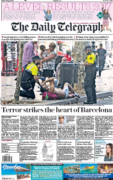 The Daily Telegraph Newspaper Front Page (UK) for 18 August 2017