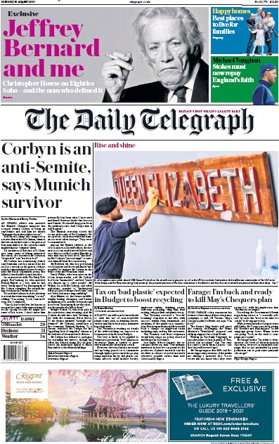 The Daily Telegraph Newspaper Front Page (UK) for 18 August 2018