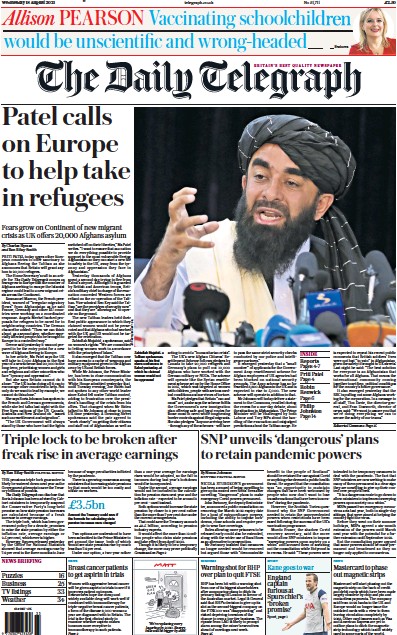The Daily Telegraph Newspaper Front Page (UK) for 18 August 2021