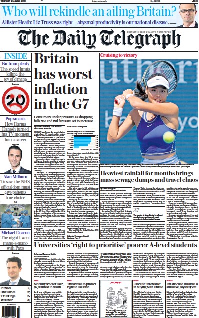 The Daily Telegraph Newspaper Front Page (UK) for 18 August 2022