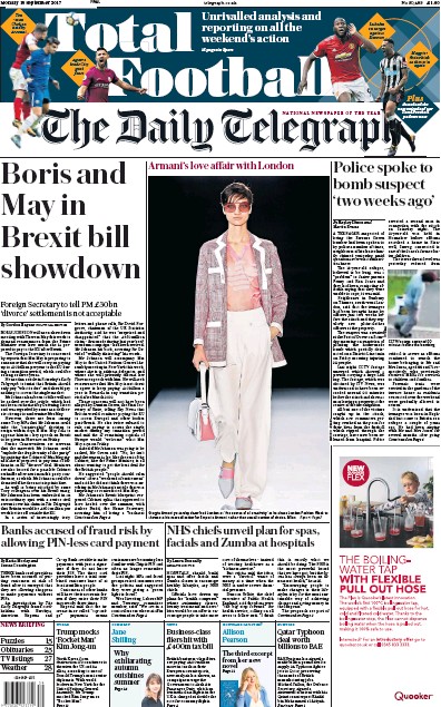 The Daily Telegraph Newspaper Front Page (UK) for 18 September 2017