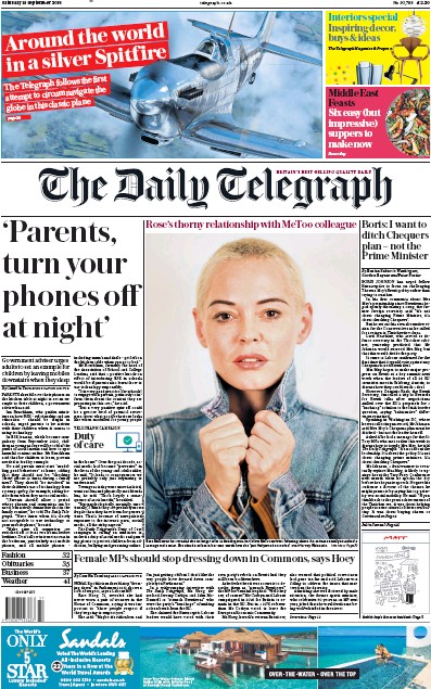The Daily Telegraph Newspaper Front Page (UK) for 18 September 2018