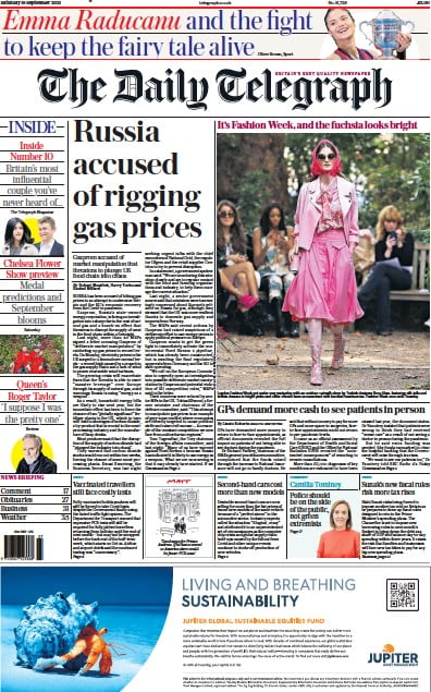The Daily Telegraph Newspaper Front Page (UK) for 18 September 2021