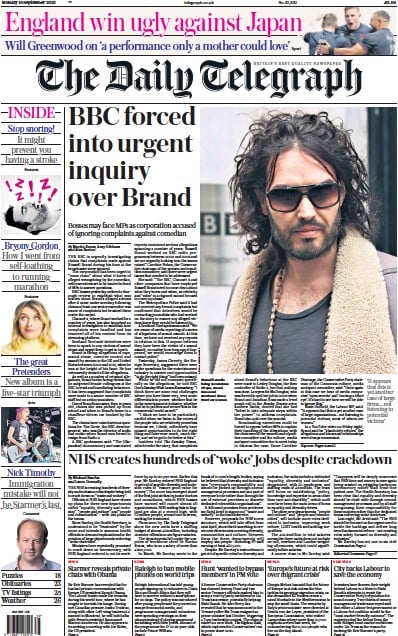 The Daily Telegraph Newspaper Front Page (UK) for 18 September 2023