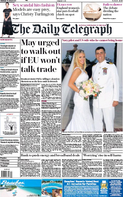The Daily Telegraph Newspaper Front Page (UK) for 19 October 2017