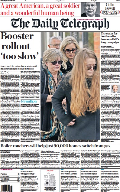The Daily Telegraph Newspaper Front Page (UK) for 19 October 2021