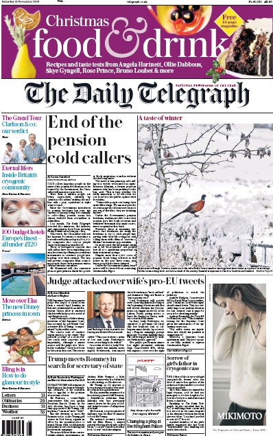 The Daily Telegraph Newspaper Front Page (UK) for 19 November 2016
