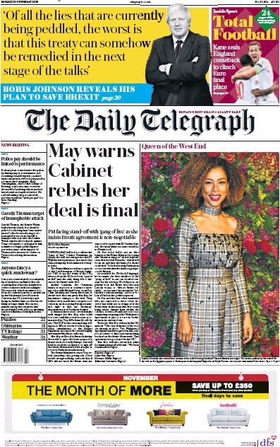 The Daily Telegraph Newspaper Front Page (UK) for 19 November 2018