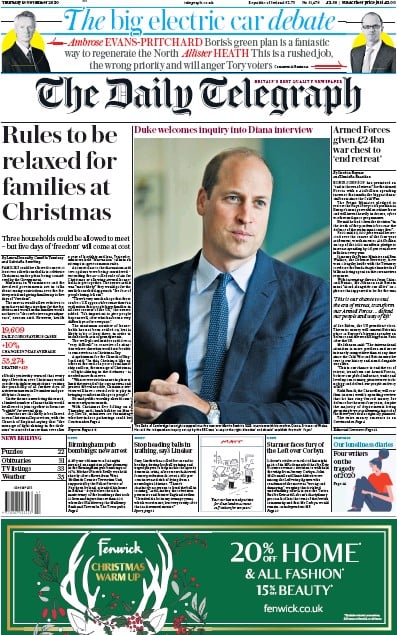 The Daily Telegraph Newspaper Front Page (UK) for 19 November 2020