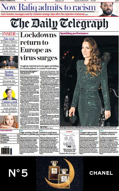 The Daily Telegraph Newspaper Front Page (UK) for 19 November 2021