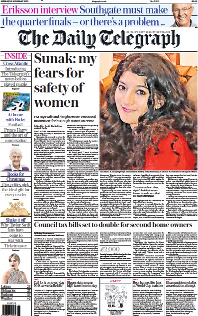 The Daily Telegraph Newspaper Front Page (UK) for 19 November 2022