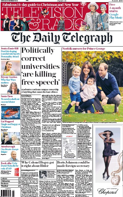 The Daily Telegraph Newspaper Front Page (UK) for 19 December 2015