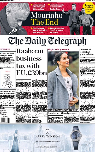 The Daily Telegraph Newspaper Front Page (UK) for 19 December 2018