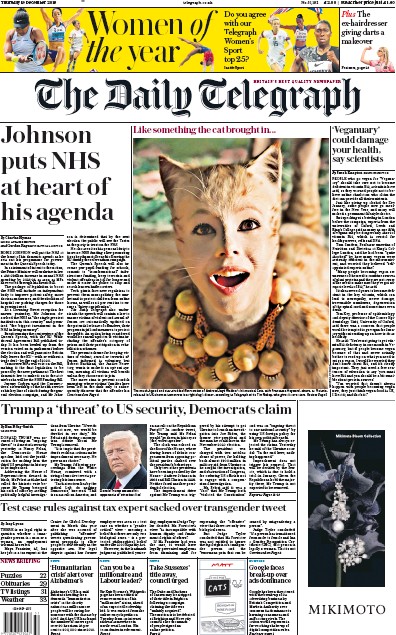 The Daily Telegraph Newspaper Front Page (UK) for 19 December 2019