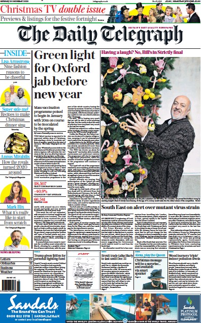 The Daily Telegraph Newspaper Front Page (UK) for 19 December 2020