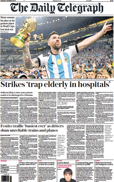 The Daily Telegraph Newspaper Front Page (UK) for 19 December 2022