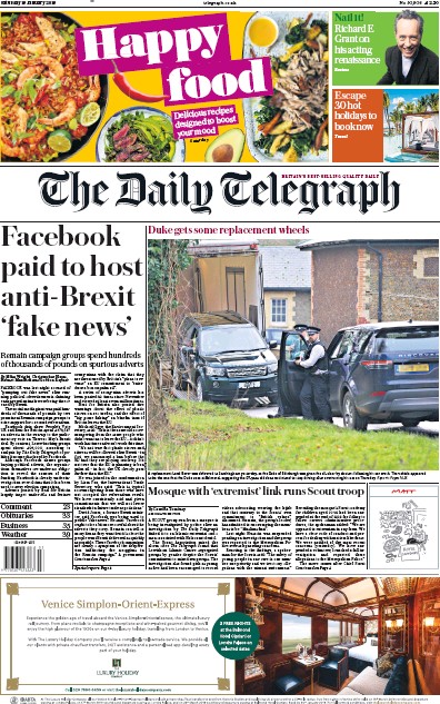 The Daily Telegraph Newspaper Front Page (UK) for 19 January 2019