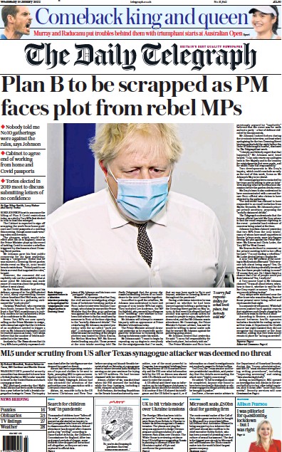 The Daily Telegraph Newspaper Front Page (UK) for 19 January 2022