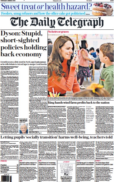 The Daily Telegraph Newspaper Front Page (UK) for 19 January 2023