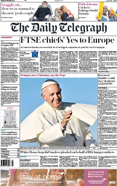 The Daily Telegraph Newspaper Front Page (UK) for 19 February 2016