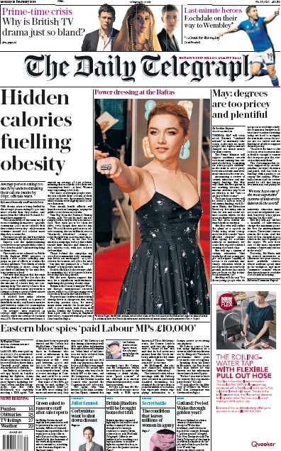The Daily Telegraph Newspaper Front Page (UK) for 19 February 2018