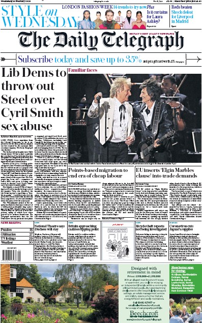 The Daily Telegraph Newspaper Front Page (UK) for 19 February 2020