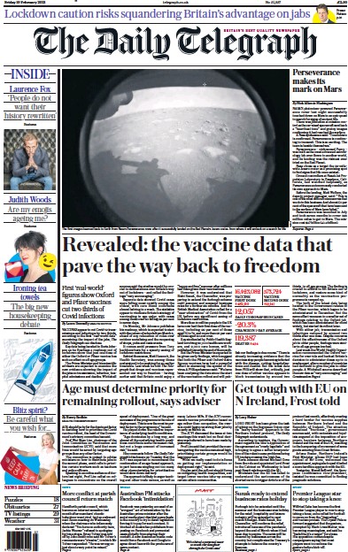 The Daily Telegraph Newspaper Front Page (UK) for 19 February 2021