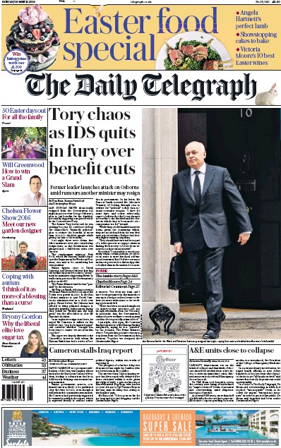 The Daily Telegraph Newspaper Front Page (UK) for 19 March 2016