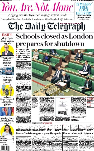 The Daily Telegraph Newspaper Front Page (UK) for 19 March 2020