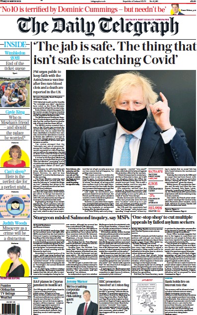 The Daily Telegraph Newspaper Front Page (UK) for 19 March 2021