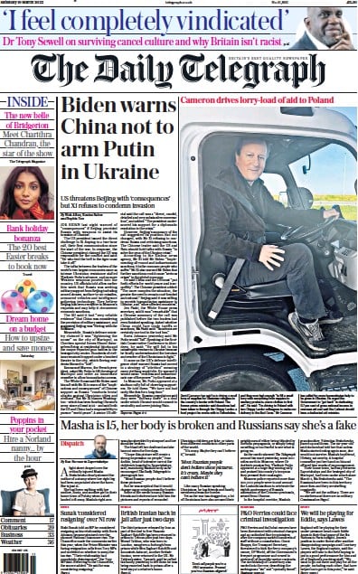 The Daily Telegraph Newspaper Front Page (UK) for 19 March 2022
