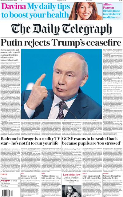 The Daily Telegraph Newspaper Front Page (UK) for 19 March 2025