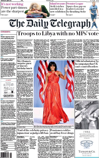 The Daily Telegraph Newspaper Front Page (UK) for 19 April 2016