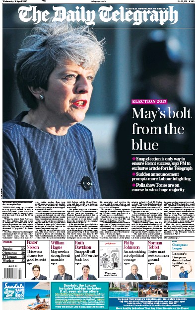 The Daily Telegraph Newspaper Front Page (UK) for 19 April 2017
