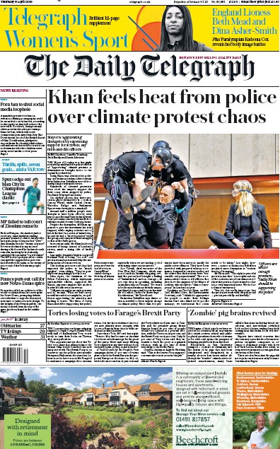 The Daily Telegraph Newspaper Front Page (UK) for 19 April 2019